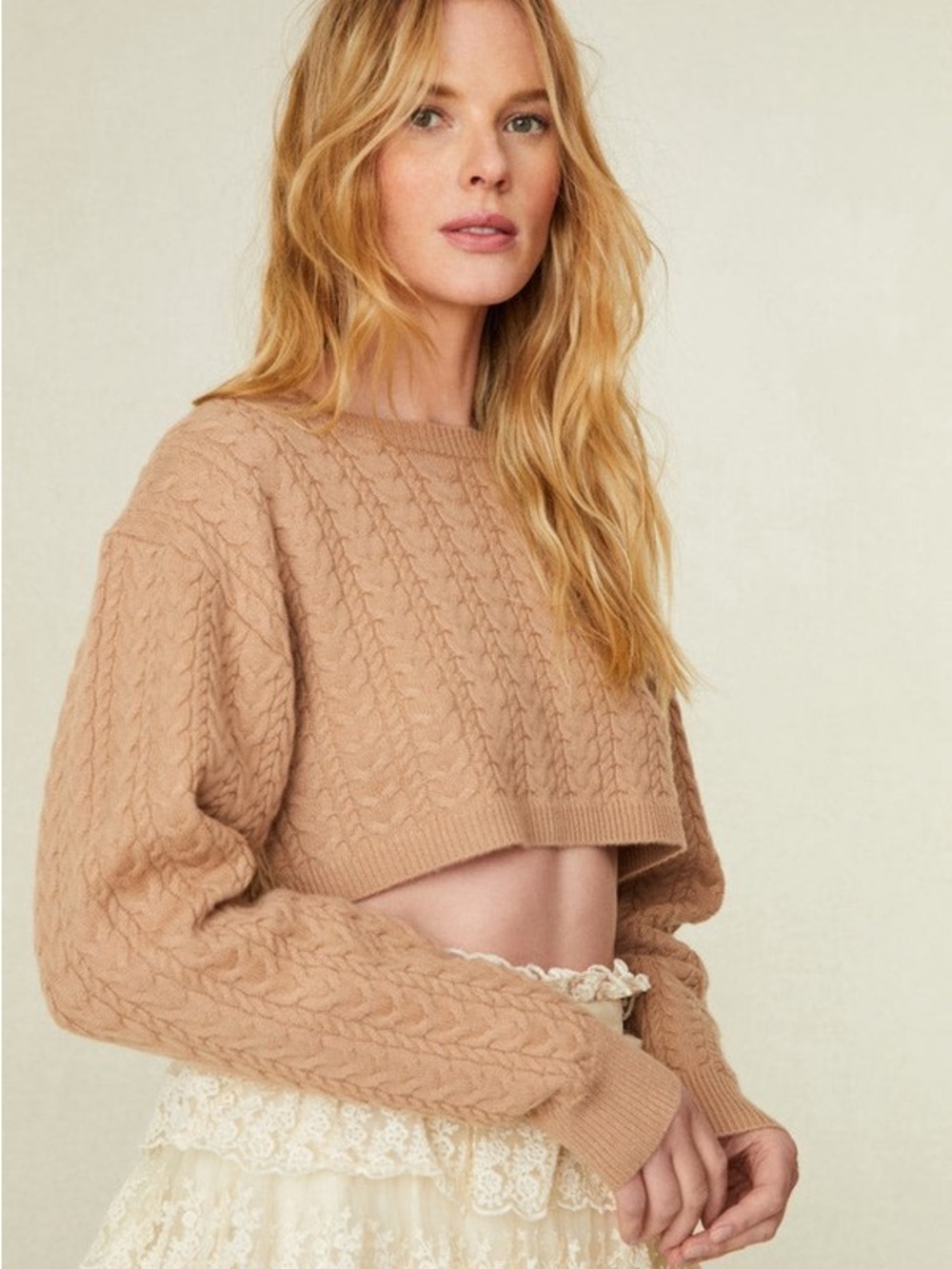 LOVESHACKFANCY Calloway Wool & Cashmere Cable Cropped Sweater Camel